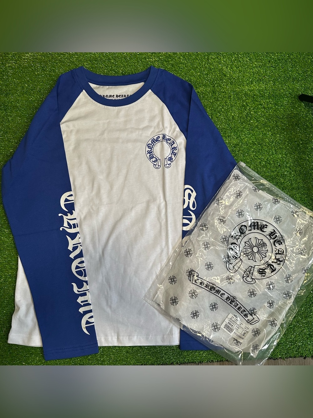 Chrome Hearts White & Blue Kids Raglan Long Sleeve Tee